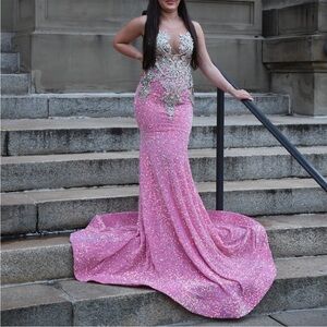 Pink mermaid prom formal dress sequins embellished long with train